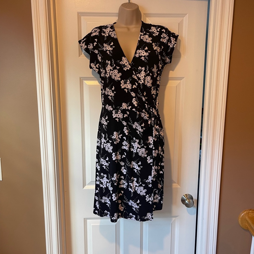 Michael Kors Black and White Floral Wrap Midi Dress